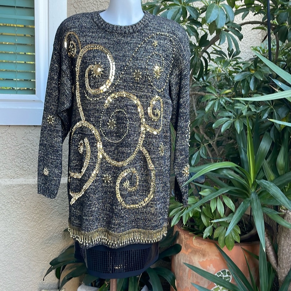 Vintage black/gold Statements by Pronto long wool/cotton knitted sweater